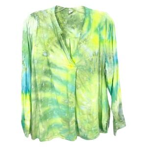 Old Navy Large Top Handmade Tie Dye Embroidered‎ Long Sleeve V Neck Green 1251